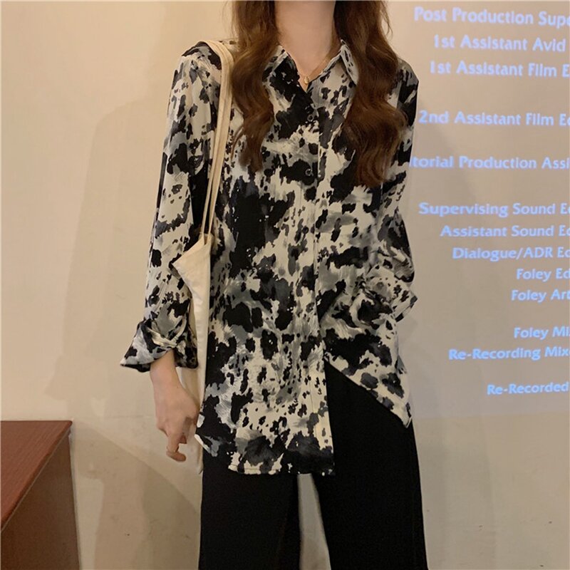 Блузка женская шифоновая с длинным рукавом, винтажная Повседневная Свободная длинная рубашка с принтом, уличная одежда в Корейском стиле, весна-лето