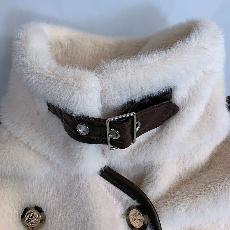 2023ฤดูหนาวหนาอบอุ่น Faux Fur Coat กับเข็มขัดหลวมสบายๆสไตล์ MODE Korea แจ็คเก็ตคู่เสื้อกันหนาว