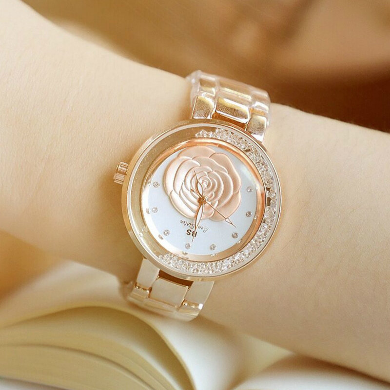 Bs relógio de pulso feminino dourado, relógio de pulso de quartzo em aço inoxidável com pulseira fashion para mulheres