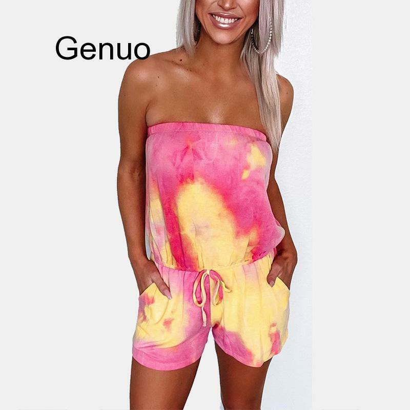 Tie-dye Print Strapless 2020 Women Playsuit Jumpsuit Summer Casual Overalls Streetwear Sexy Sleeveless Rompers Party Jumpsuit