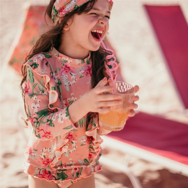 2020 Trends Merk Luxe Merk Meisjes Badpak Vintage Bloemen Badpakken Kids Roze Zwemmen Slijtage Ruche Baby Hawaii Suits