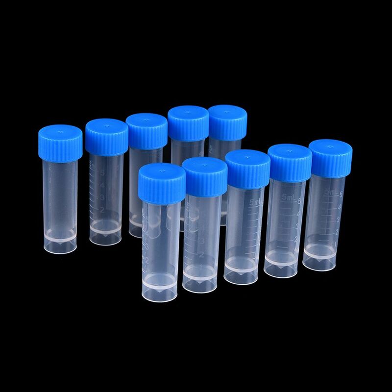 Tubos de ensaio de plástico com tampas Parafuso de amostra de laboratório Tubo de ensaio redondo com escala Centrífuga química, 5ml, 5pcs