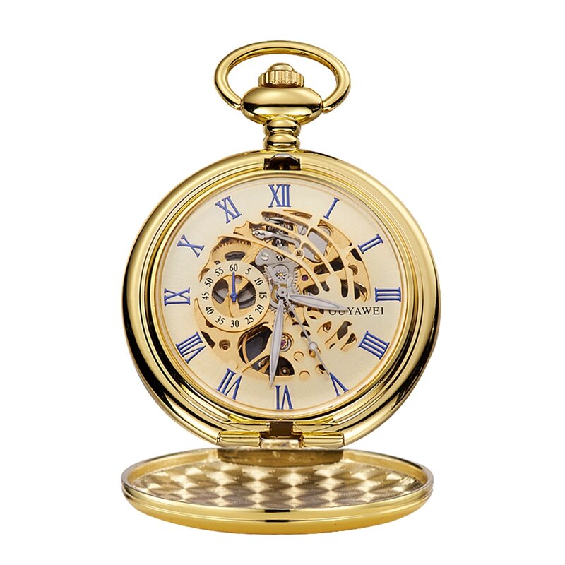 Relógio de bolso mecânico em aço inoxidável para homens, relógios masculinos Fob Chain, mostrador esqueleto casual, vento dourado luxuoso, moda