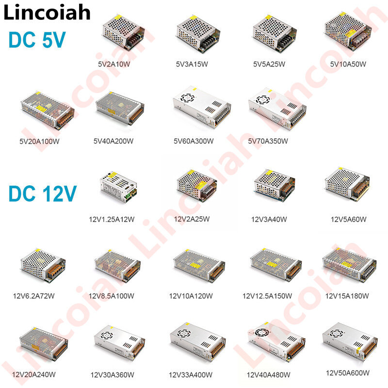 Fonte de alimentação comutada para fitas LED CCTV, transformador de luz, adaptador fonte, SMPS, DC 5V, 12V, 24V, 36V, 48V, 60W, 360W, 600W, CA 100-240V