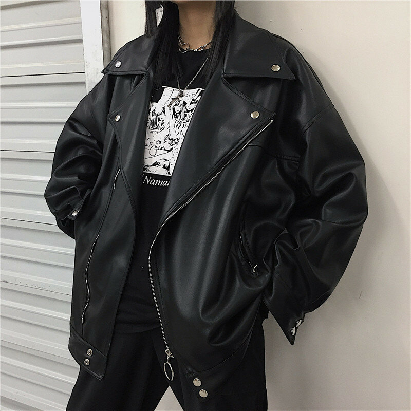 Vintage Black Faux Pu Leather Jacket Women Casual Notched Collar Long Sleeve Biker Jacket Spring Autumn 2024 Casacos Feminino