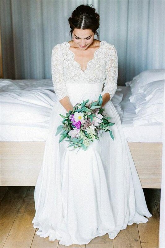 Женское свадебное платье It's yiiya, белое шифоновое платье с глубоким V-образным вырезом, рукавами 2024 и открытой спиной на лето 3/4