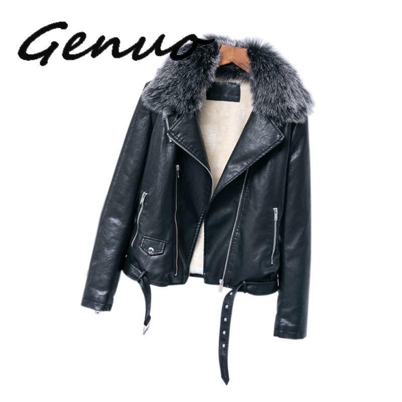 Jaqueta de couro do falso do plutônio das mulheres inverno outono moda bombardeiro motocicleta casaco de pele forrado gola destacável outerwear quente preto