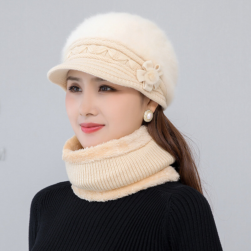 New Women Autumn Winter Hat Warm Plus Velvet Scarf Set For Female Elegant Flowers Rabbit Fur Windproof Knitted Hat Mother Gift