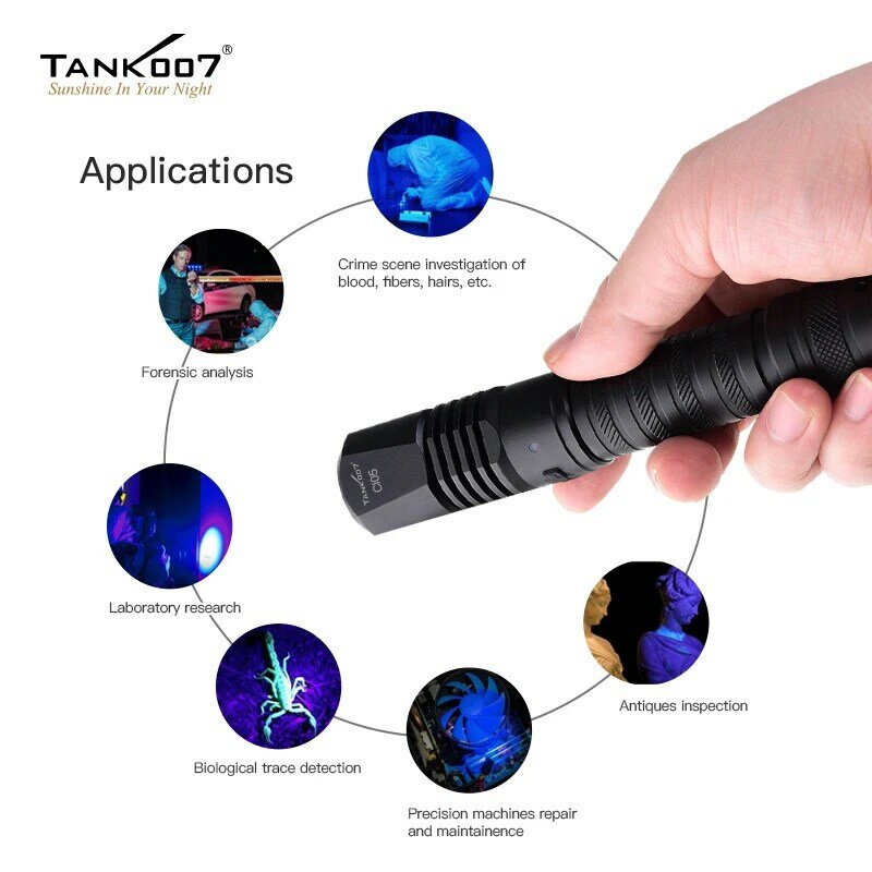 TANK007 CI05 법의학 NDT 365nm UV LED 손전등, 젤 경화 램프 필터 블랙 렌즈 USB 충전 블랙 라이트 고출력