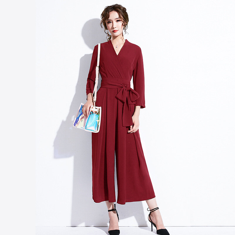 Celana Kodok untuk Wanita 2019 Musim Gugur Korea Wanita Kantor Elegan Sifon OL V Leher Lengan Panjang Lebar Kaki Overall Hitam DD2366