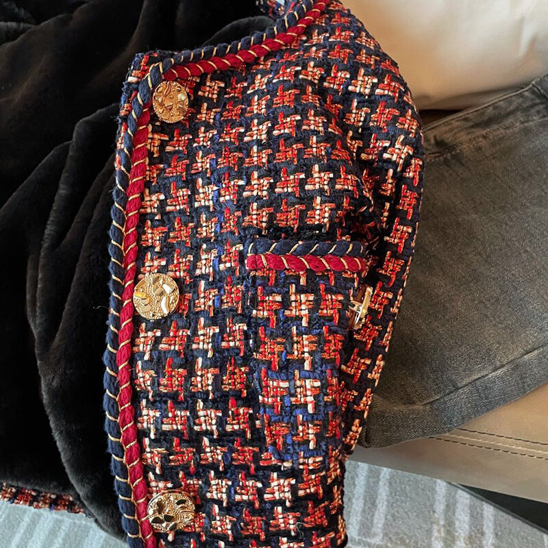 Thanh Lịch Dệt Kẻ Sọc Nữ Áo Bỏ Túi Plus Nhung Mùa Đông Nhân Quả Tweed Áo Khoác Công Sở Nữ Áo Khoác
