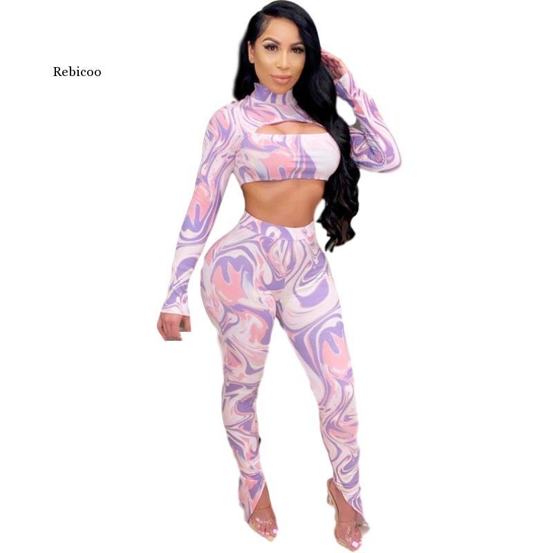 Casual Print Two Piece Set Turtlemeck Long Sleeve Hollow Out Tops Long Pant 2 Pieces Set Party Autumn Women Matching Sets