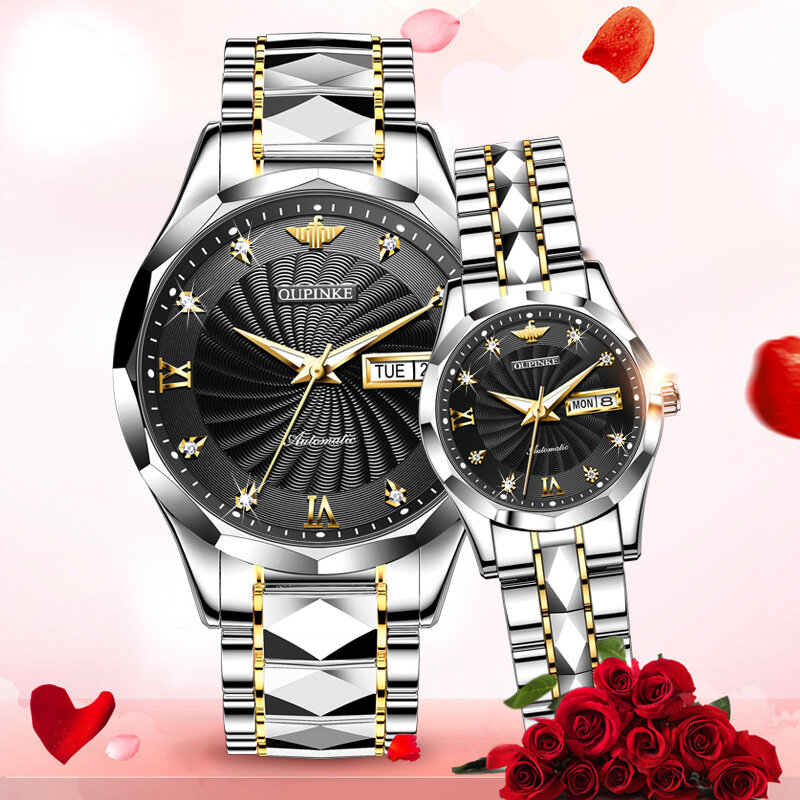 Часы oupinke парные для мужчин и женщин, водонепроницаемые автоматические механические часы, подарок для пары, деловые часы из 18-каратного золота