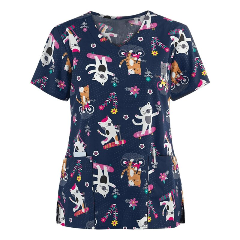 Camiseta feminina de manga curta com decote em v, uniforme de enfermeira, blusa clínica, tops de assistentes, roupas estampadas de gato e cachorro, bolso, verão 2021
