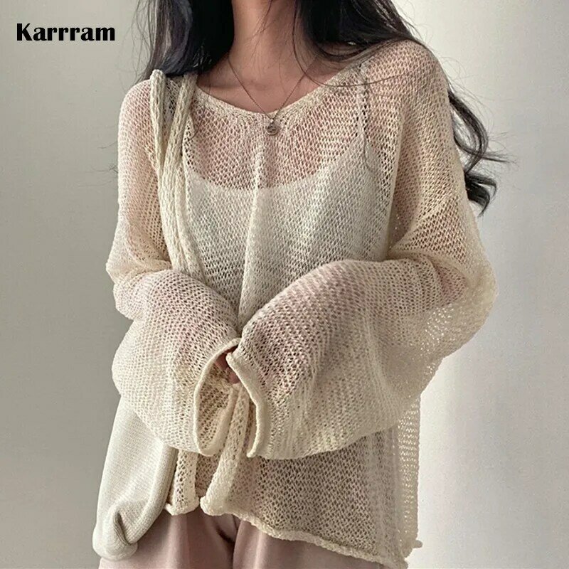 Karrram leniwy styl pełna rękawy bluzy topy drążą Sexy kobiety moda casualowe w stylu Streetwear Chic Femme swetry swetry