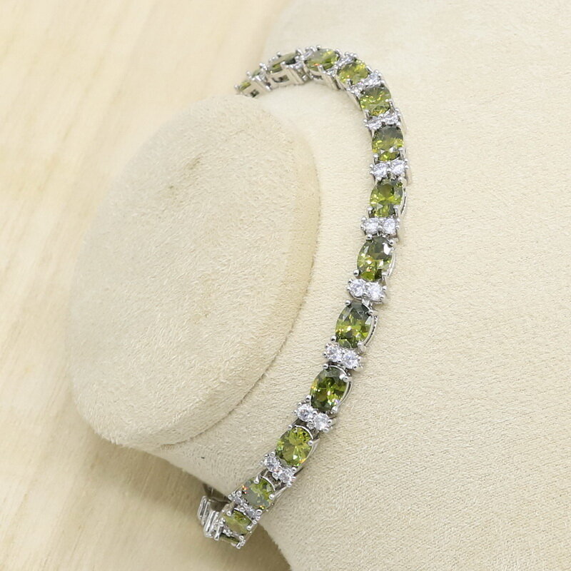 New Green Peridot Zircon Silver 925 Jewelry Set Women Bracelet Earrings Necklace Pendant Ring Birthday Gift