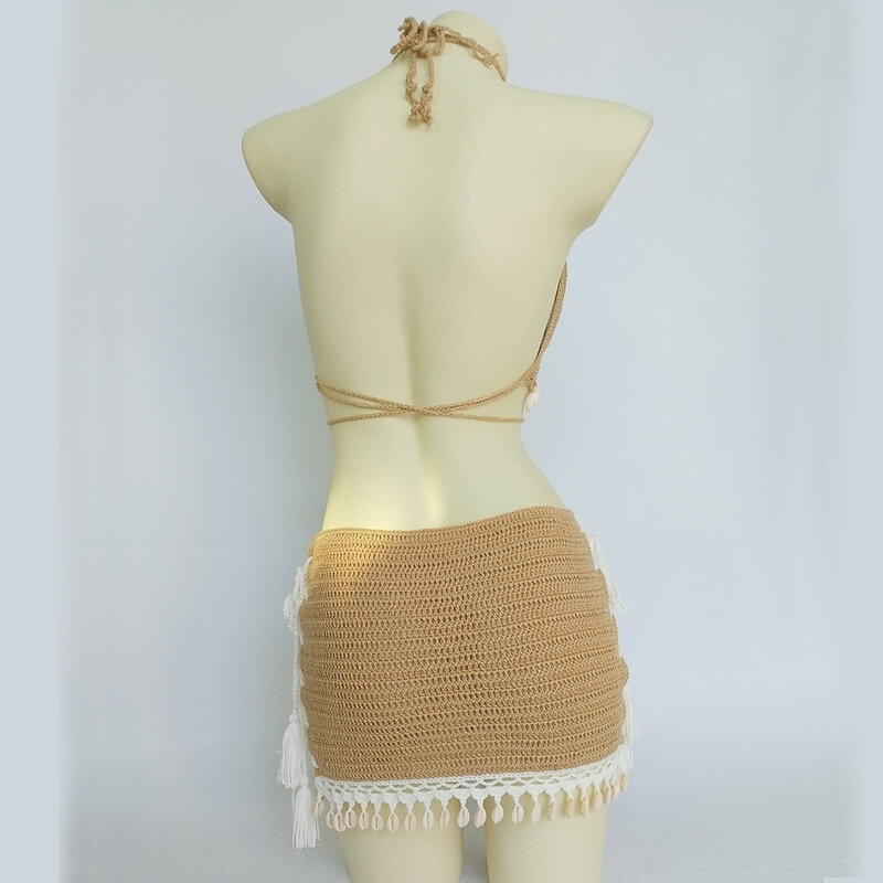 Conjunto de biquíni de 3 peças, moda feminina, borla, crochê, do que a parte superior do biquíni, sexy, praia, mini saia e colar de concha