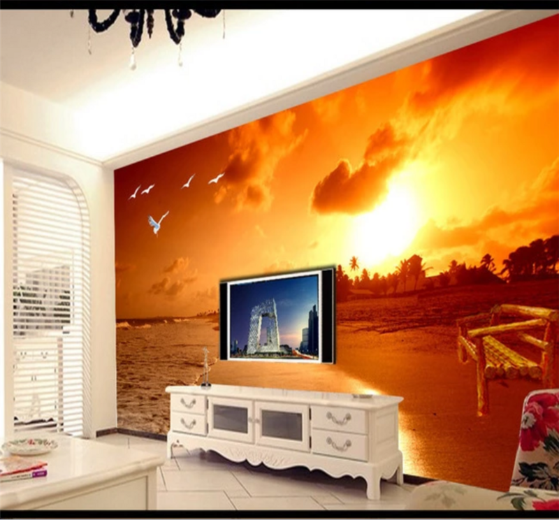 Заходящее солнце Пляж пейзаж картина маслом Гостиная ТВ фон стены Пользовательские Обои фреска 8D водонепроницаемая ткань для стен