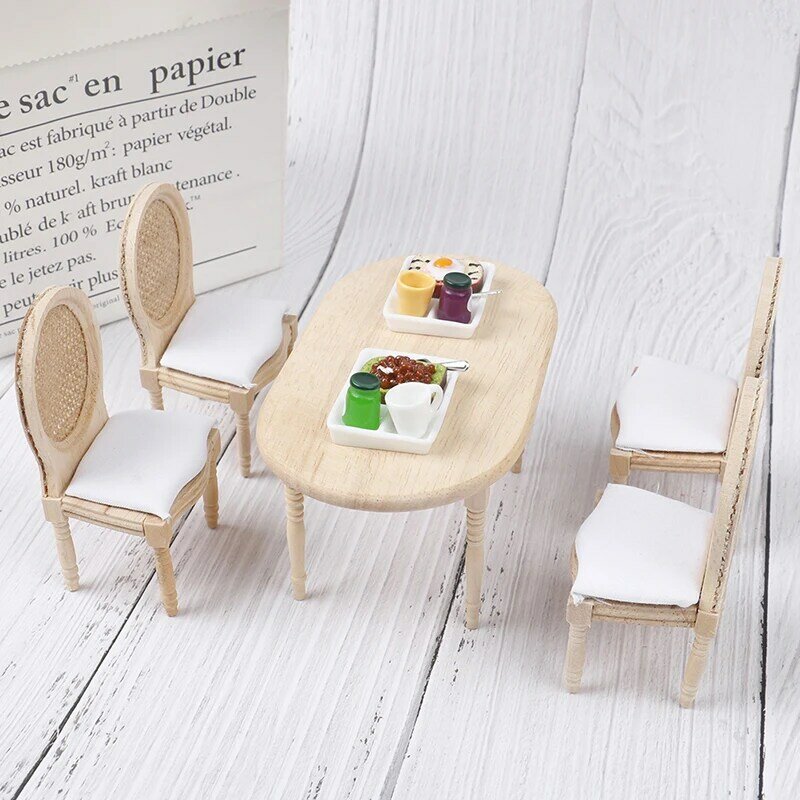 Baru 1:12 Rumah Boneka Miniatur Kursi Meja Makan Set Boneka Rumah Dapur Mebel Mainan Meja Model Set Aksesori Furnitur