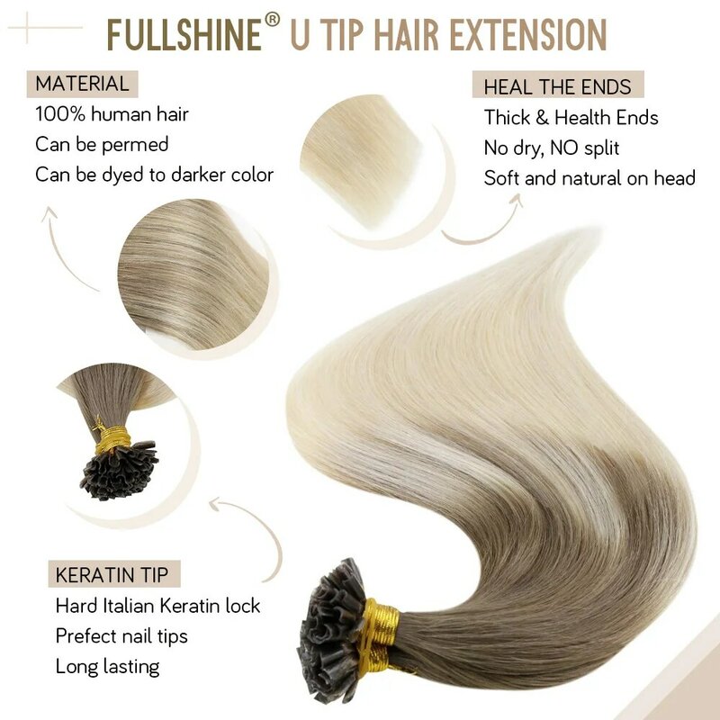 Extensions de cheveux naturels Full Shine U Tip, cheveux humains pré-collés, couleur Balayage, perles de kératine, 40-50g