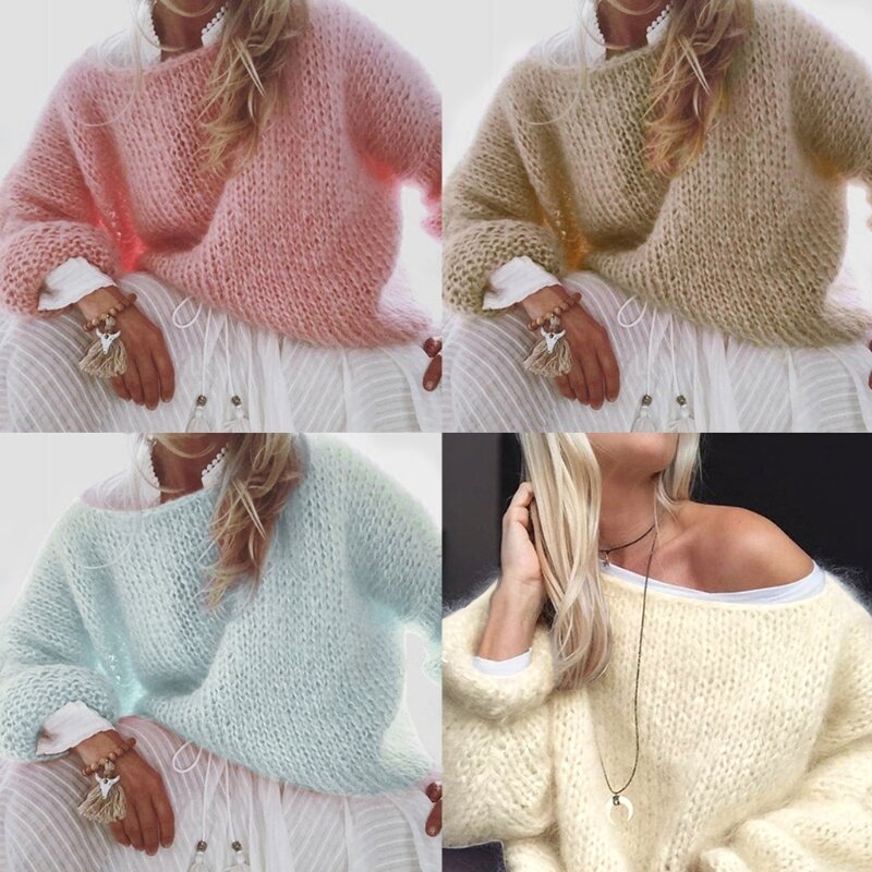 Для женщин Фонари с длинным рукавом свитер с круглым вырезом пышные Пушистый пуловер из мохера Топ крупной вязки сплошной Цвет свободный джемпер