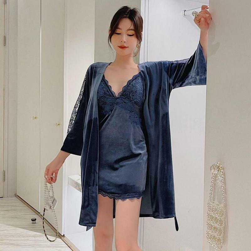 Vrouwen Velours Homewear Badjas Gown Zwarte Kimono Robe Set Casual Patchwork Nachtkleding 2 Stuks Thuis Kleding Herfst Nieuwe Nachtkleding