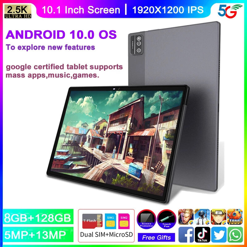 최신 울트라 슬림 10 인치 태블릿 PC, 안드로이드 10.0, 옥타 코어 6GB + 32GB ROM, 2.5D, 강화 유리, 5.0mp, 안드로이드 태블릿 10.1, 와이파이, GPS, 핫