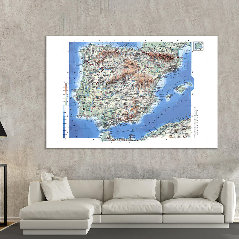 225*150cm In Spanish The Spain Orographic Map with Details Non-woven Canvas Painting Wall Art Poster Home Decor School Supplies