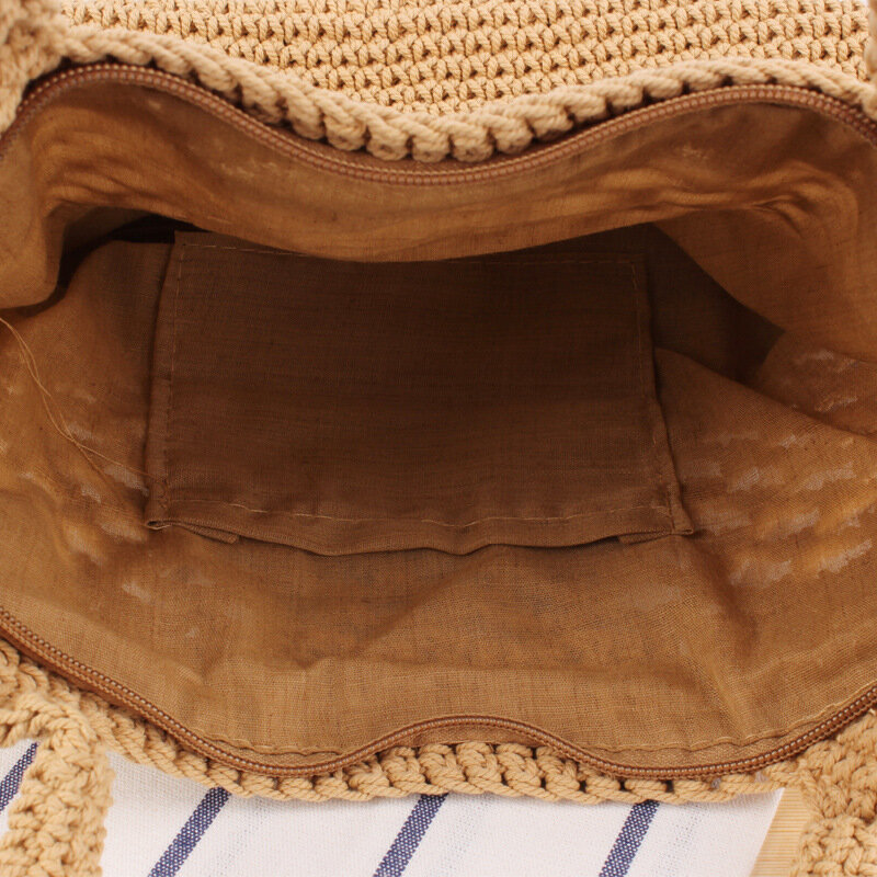حقيبة قش الشاطئ النسائية أحادية اللون ، كروشيه يدوي ، منسوج ، خيط قطن ، حقائب يد عصرية محمولة للعطلات