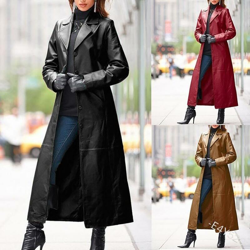 Jaket Penahan Angin Wanita Musim Gugur Musim Dingin Warna Solid Kulit Imitasi Mantel Angin Panjang Ramping Jaket Panjang Pakaian Luar Jas Hujan Hitam