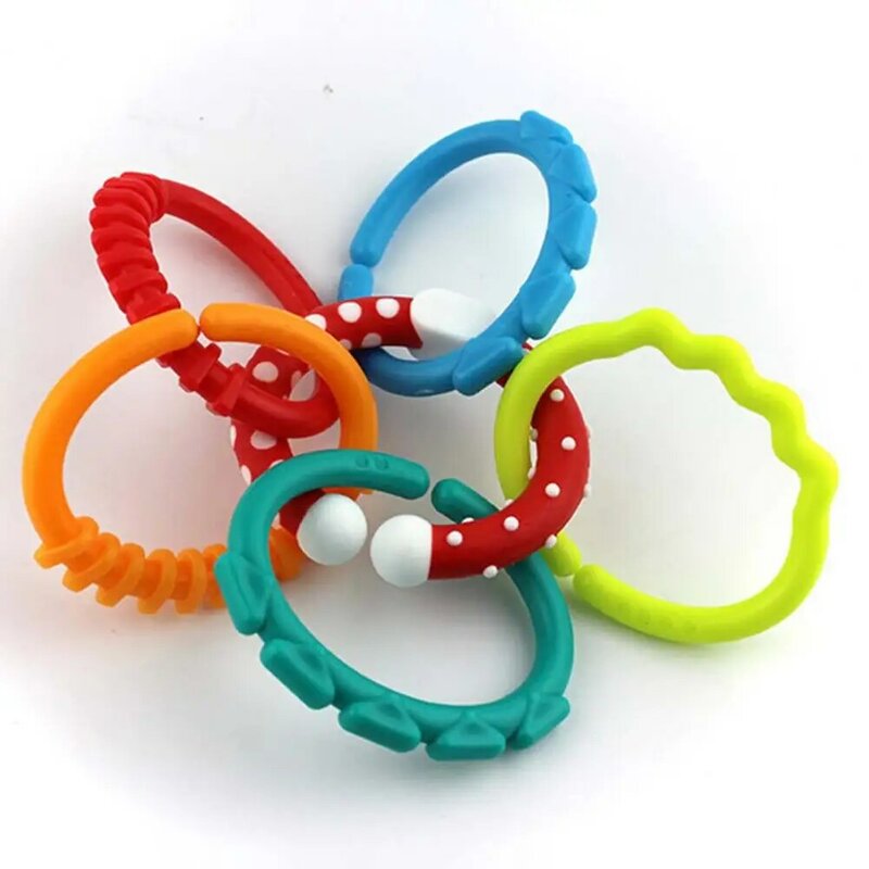 6Pcs Plastic Grip Baby Teether Rattles Rubber Rainbow Ring Molars Rattle Safety Toys for Children Crib Bed Stroller Hanging