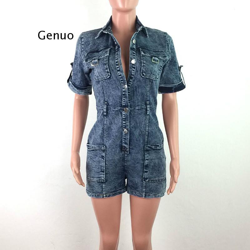 Women Button Down Pocket Design Denim Playsuits Chic Elegant Streetwear Jeans Rompers Playsuit
