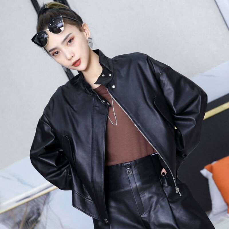 Alta qualidade das mulheres novo estilo coreano jaquetas de couro genuíno senhora do escritório curto o-pescoço zíperes bolsos pele carneiro moda casaco