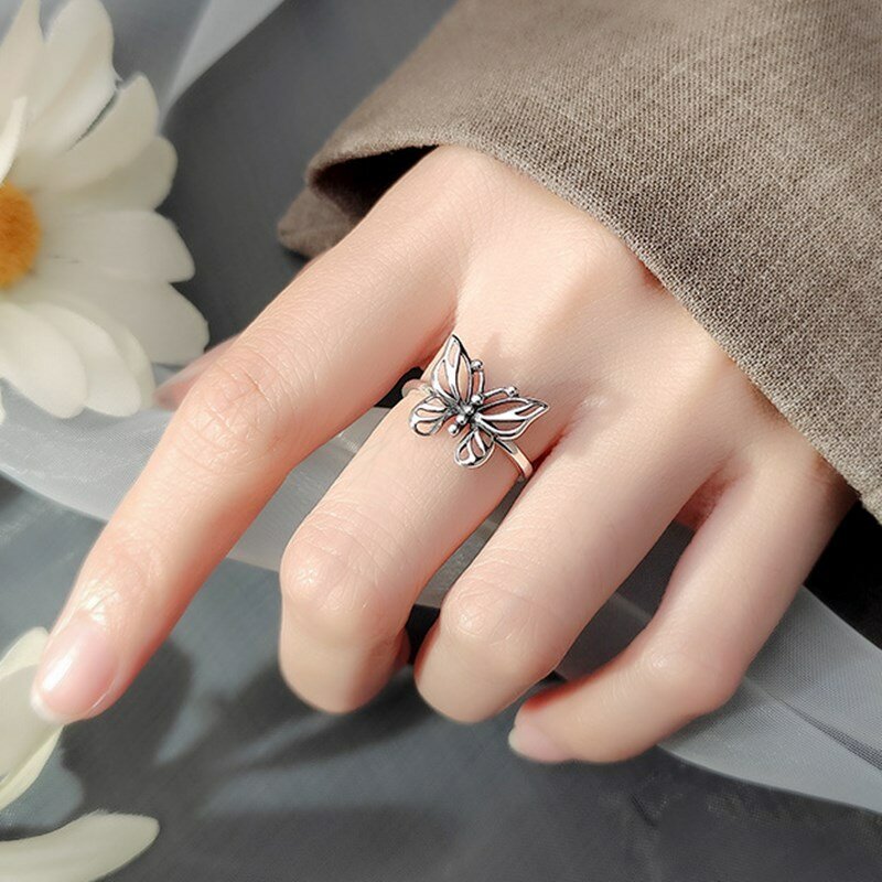 Anel vintage de borboleta, prata esterlina 925 real, ajustável, minimalista, joias finas para mulheres, presente de festa