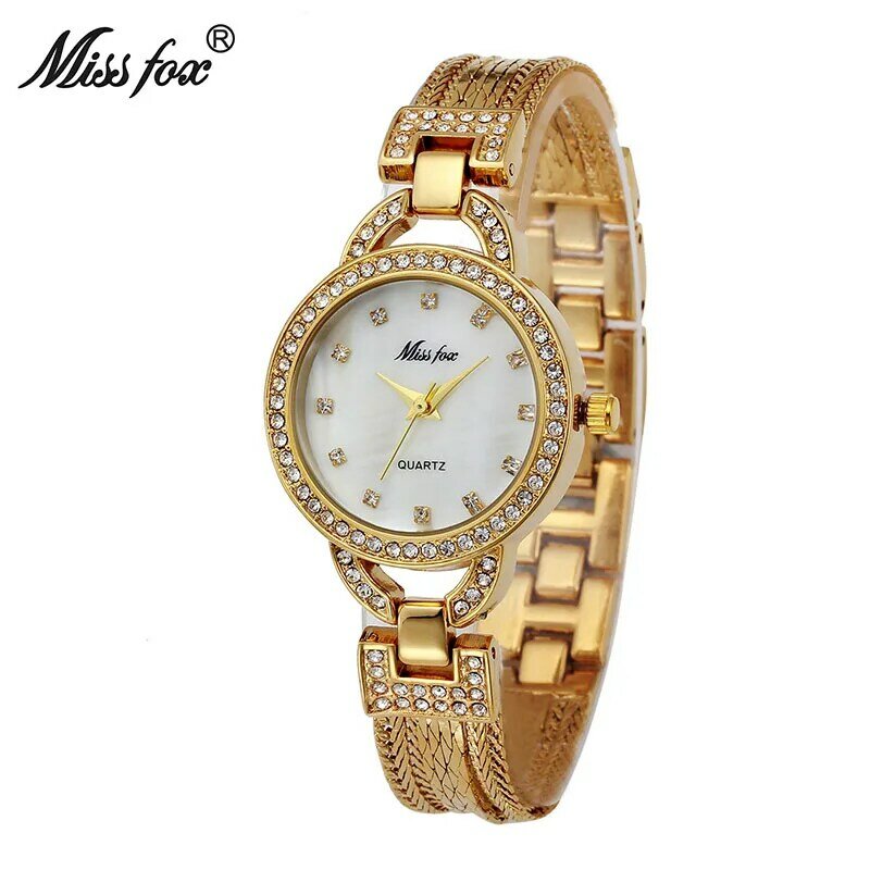 Missfox女性スモールかわいいパールシェルc高級女性ゴールド腕時計ファッション鋼メッシュラインストーン甘いスタイルクォーツ時計
