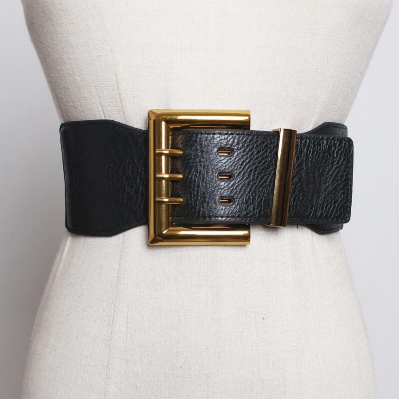 Cinturón ancho de lujo para mujer, pretina elástica de cuero de imitación, broche cuadrado Vintage, hebilla de aleación, sello de cintura para vestido, abrigo, suéter