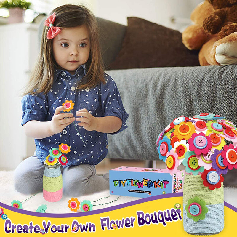 Kit de manualidades de flores con botones y florero de fieltro, juguete artístico, proyecto de manualidades para niños, juguetes de actividades DIY, regalo para niños y niñas