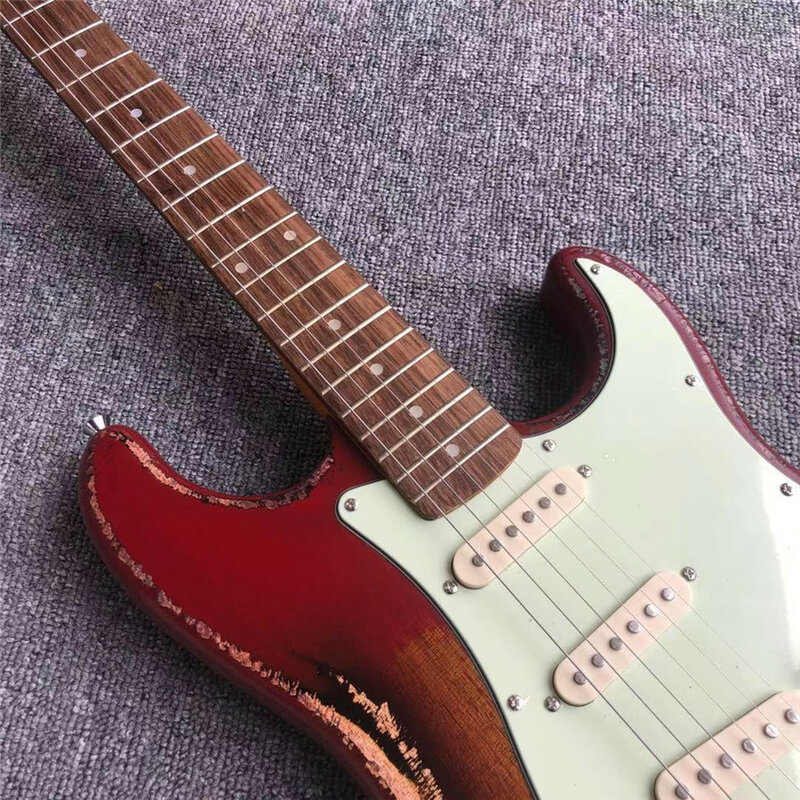 Zdjęcie, antyczne wykonane stara gitara elektryczna, czerwony, prawdziwe zdjęcia, bezpłatna wysyłka, zestaw kolorów zachodu słońca, czerwony, można modyfikować i dostosować