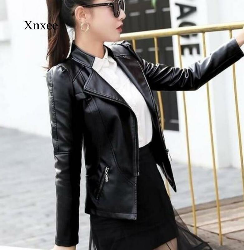 Faux Pu Leather Jacket Women Red Black 2019 Autumn Outerwear Pockets Zipper Office Lady Coat Slim Ladies Biker Jackets