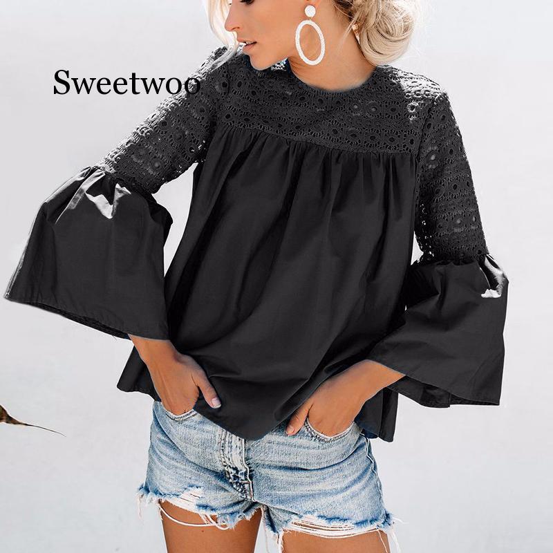 High Street Vrouwen Blouses Flare Mouwen Vrouwen Tops En Blouses 2020 Herfst Kant Patchwork Blousa Fashion Hollow Out Blouse