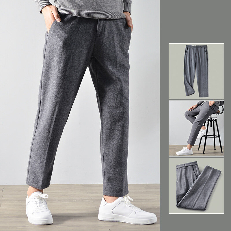 Ep2122 jesienne zimowe męskie bawełniane wełniane spodnie Business Casual proste podstawowe ciepłe wygodne szare proste przystojne codzienne spodnie