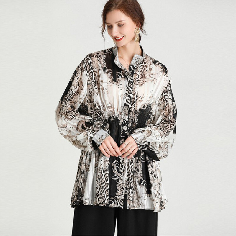 Large Size Ladies' 2021 Spring New Fashion Loose Causal Shirts Batwing Sleeve Plus Size Stand Collar Collect Waist Tops shirt