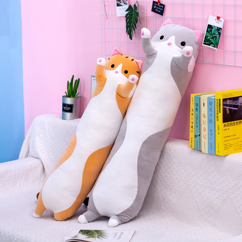 Almofada de pelúcia macia de gato longo, brinquedos bonitos, almofada Home Comfort, decoração do escritório, presente para criança, 50 cm, 70 cm, 90 cm, 110 cm, 130cm