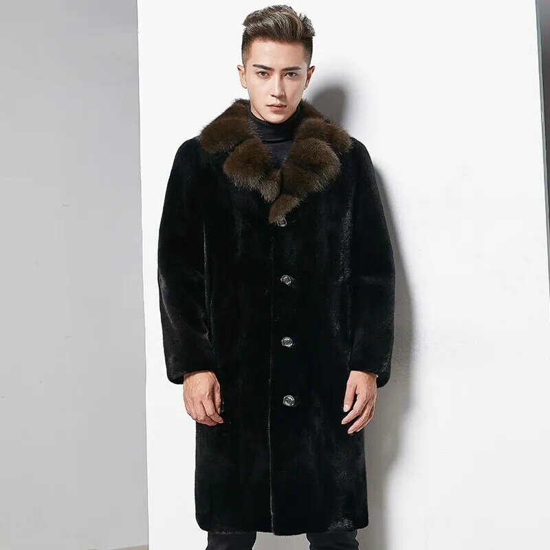 Novo casaco de vison dos homens inverno natural casaco de pele dos homens gola de pele real inteiro vison casacos de pele longa jaqueta de luxo ac020 kj2340
