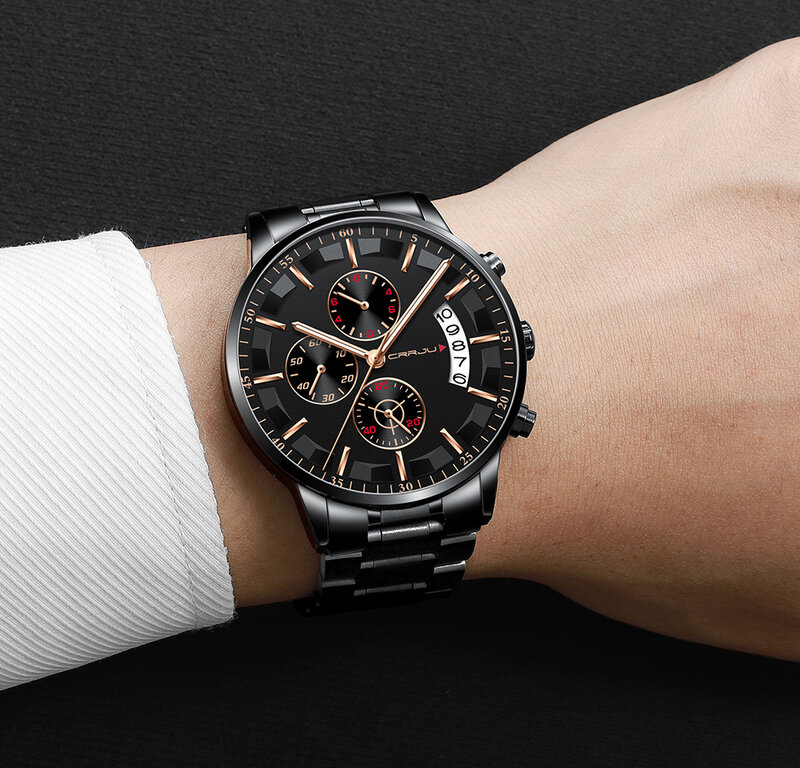 CRRJU – montre-bracelet en acier inoxydable pour hommes, marque de luxe, chronographe décontracté, à Quartz, nouvelle collection 2019
