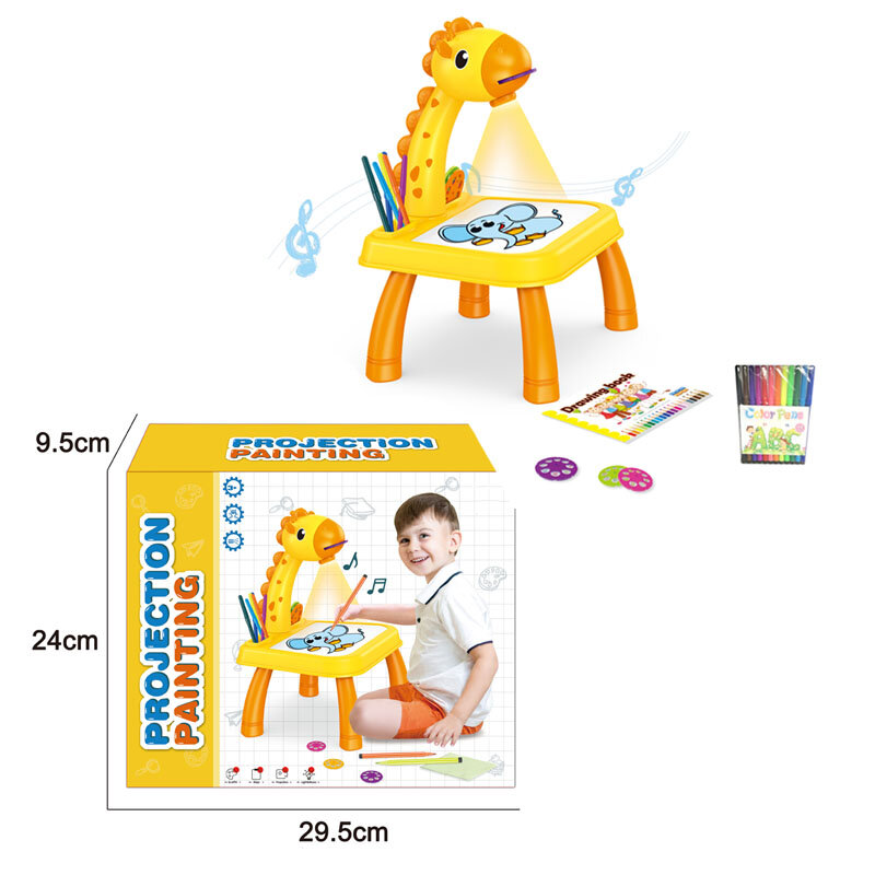 Juguete de estudio inteligente amarillo para niños, mesa de pintura con proyección de jirafa con música