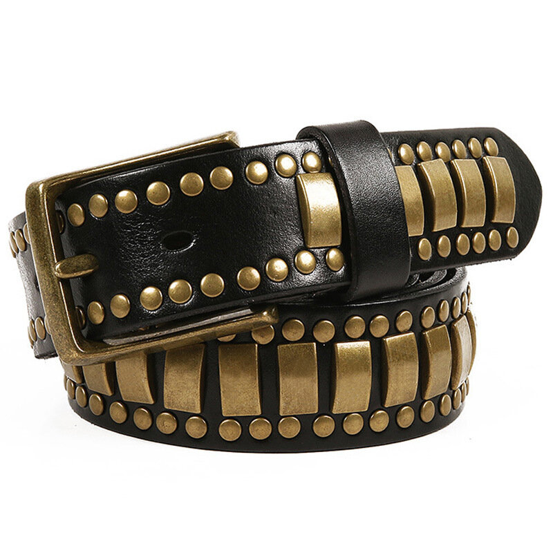 Ta-weo-Cinturón de cuero genuino con remaches para hombre y mujer, cinturón con hebilla de pin, diseño de alta calidad, estilo hip hop, Unisex