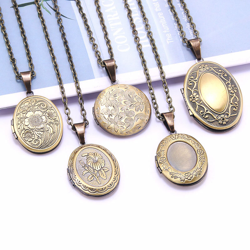Único esculpido design de cobre oval moldura da foto pingente colar charme opable medalhão colares feminino masculino jóias memorial