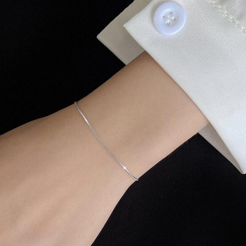 Moda minimalistyczny cienki łańcuszek wężykowy z kości Charm bransoletka dla kobiet prawdziwe 925 srebro biżuteria ślubna na prezent