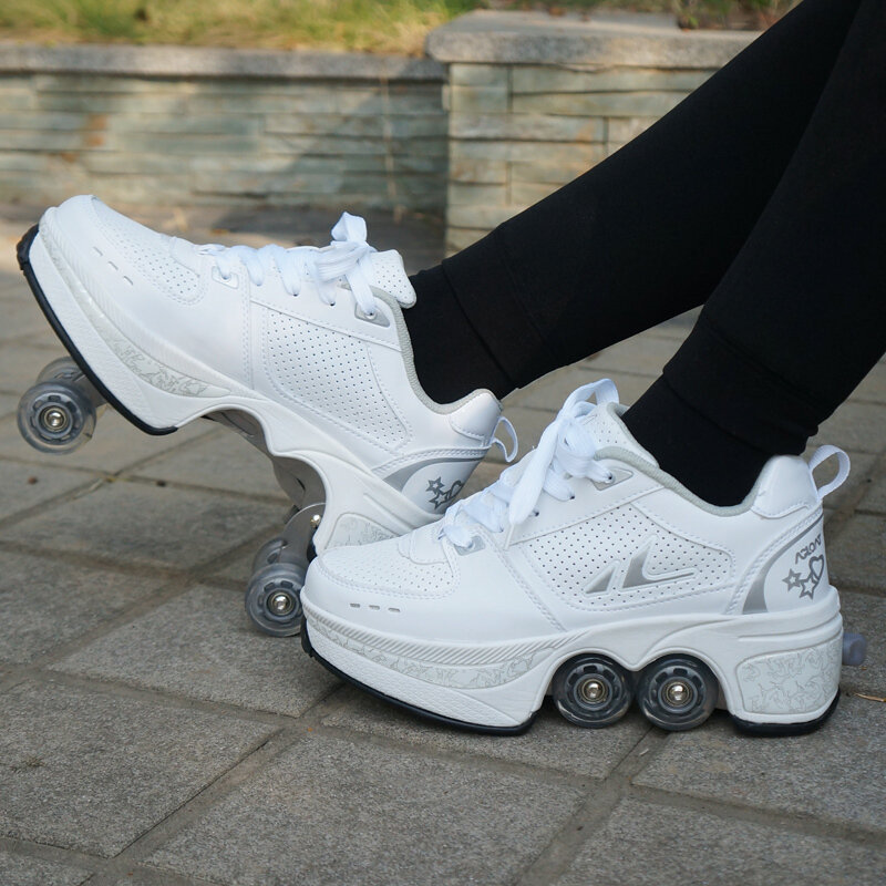 Couro genuíno sapatos quentes tênis casuais caminhada patins deform runaway quatro rodas patins para adultos das mulheres dos homens unisex criança